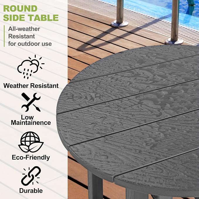 Y&M Outdoor Side Table, Waterproof Four-Legged Round Entryway End Table, Single-Tier HDPE Modern Small Coffee Nightstand for Bedroom, Living Room, Patio, Indoor or Outdoor Use, Dark Gray - Image 3