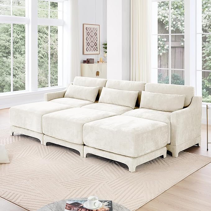 Ball & Cast 105.9” Modular Sectional Sofa, Comfy Cloud Couch with Lumbar Pillows and 3 Ottoman, Deep Seat Chenille Modular Sofa, Sectional Couches for Living Room, Bedroom and Apartment, Beige