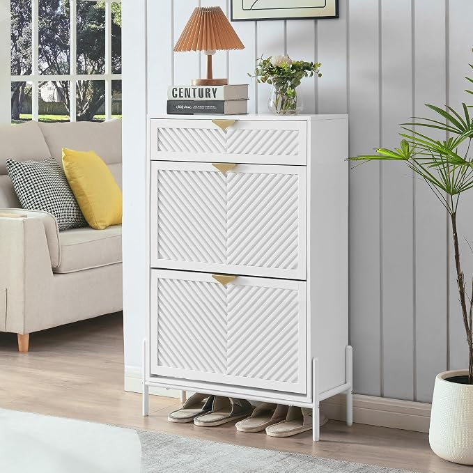 Shoe Cabinet Storage with 2 Flip Drawers, Narrow Hidden Shoes Organizer Cabinet for Entryway, Freestanding Slim Shoe Rack Front Door Entrance(White) by VIPLUMI