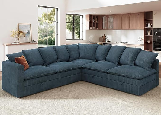 HONBAY Modular Sectional Sofa, 5 Seaters Corduroy Sectional Couch, L Shaped Sofa with Storage & Adjustable Backrest, Blue