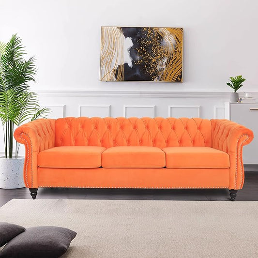 LEVNARY Velvet Chesterfield Sofa, Classic Tufted Upholstered Couch, Modern 3 Seater Couch Long Settee Furniture with Tufted Back for Living Room Office (Orange)