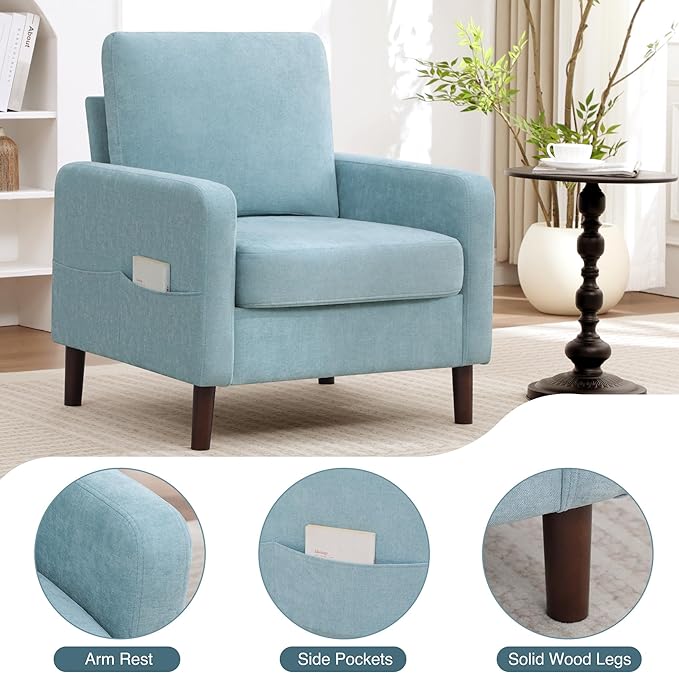 Accent Chair for Living Room, Modern Reading Chair for Bedroom, Upholstered Armchair with Wood Legs and Side Pockets, Single Sofa Side Chair for Office, Small Room, Apartment, Teal Green