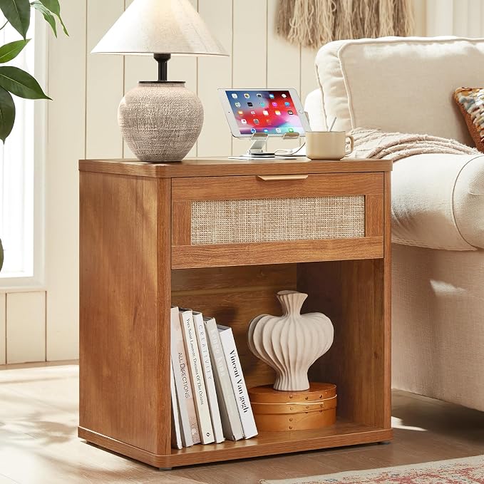 LEYAOYAO Rattan Nightstand with Charging Station, 23" Wide Boho Night Stand with Drawer, Natural Wood Bedside Table Open Storage Cabinet, Bed Side End Tables Dresser for Bedroom, Living Room, Hallway by LEYAOYAO-Findtheshiningpointofyourideallife%EF%BC%81