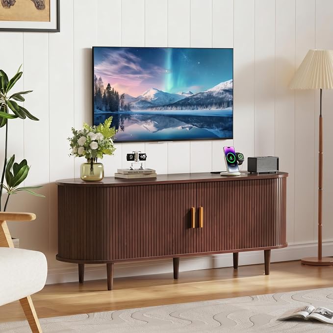 DHH 55 Inch Mid Century Modern TV Stand with Power Outlet for TVs up to 60 Inch, Entertainment Center with Storage and Adjustable Shelves, Media Console with Sliding Doors for Living Room(Walnut) - Image 7