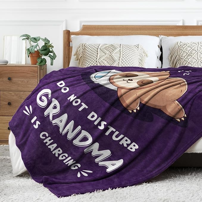 Funny Gifts for Grandma, Grandma is Charging Sloth Blanket, Birthday Gifts for Grandmas from Grandkids,Grandmas Gitts for Mothers Day Christmas, Soft Sloth Blanket for Grandmother, Purple, 60" x 80"