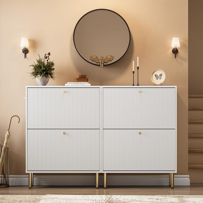 Nicetree Shoe Storage Cabinet for Entryway - 2 Flip Drawers Shoe Cabinet with Tiered Fluted Design - Slim Shoe Storage Rack with Gold Legs - Narrow Shoe Cabinet Hidden Shoe Organizer for Small Spaces - Image 7