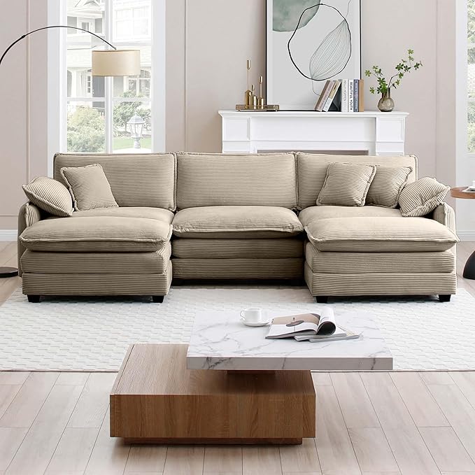 KEIKI 115" U-Shaped Oversized Corduroy Modular Sectional Sofa with 2 Ottoman, High-Density Foam Cushions, Removable Armrests, Upholstered 3-Seater Corner Couch with 5 Pillow, for Living Room, Tan