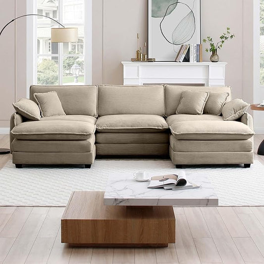 KEIKI 115" U-Shaped Oversized Corduroy Modular Sectional Sofa with 2 Ottoman, High-Density Foam Cushions, Removable Armrests, Upholstered 3-Seater Corner Couch with 5 Pillow, for Living Room, Tan