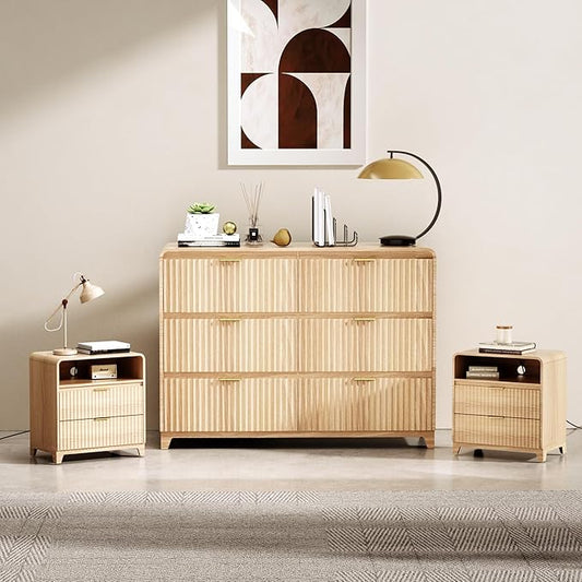 3 Piece Bedroom Furniture Set 6 Drawer Fluted Dresser & 2 Nightstand Sets with Metal Handle, Charging Station & Storage Cabinet, Modern Design for Bedroom/Living Room, Natural