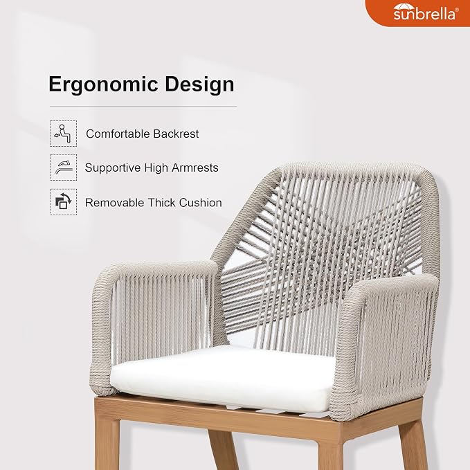 PURPLE LEAF 7 Pieces Patio Dining Set Aluminum Modern Rectangular Table and Rattan Arm Chairs with Cushions for Kitchen Porch Garden Outdoor Furniture Set with Bar Stools, Teak - Image 4