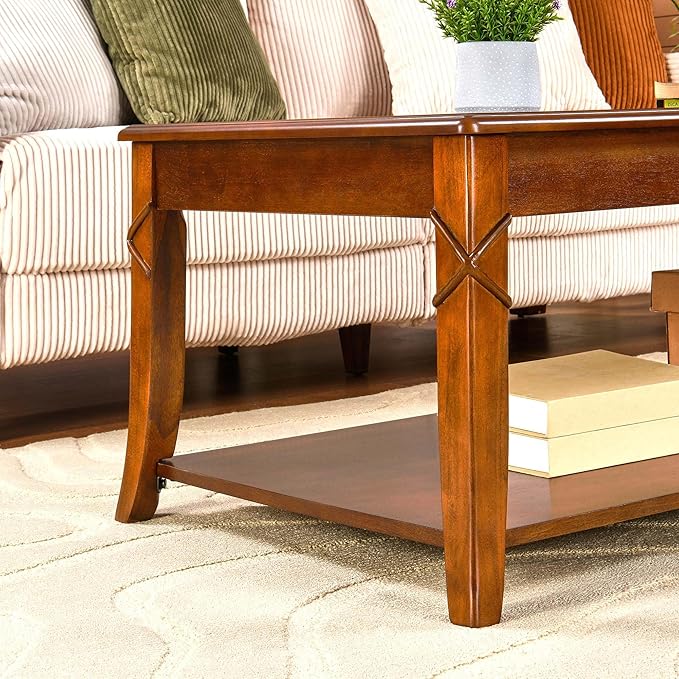 MODERION Solid Wood Coffee Table with Storage Shelf, Mid-Century Living Room Table with Wood Carved Tabletop and Leg, 43.3” Splicing Cocktail Center Table,Easy Assembly, Cherry Brown KFZ-DR200