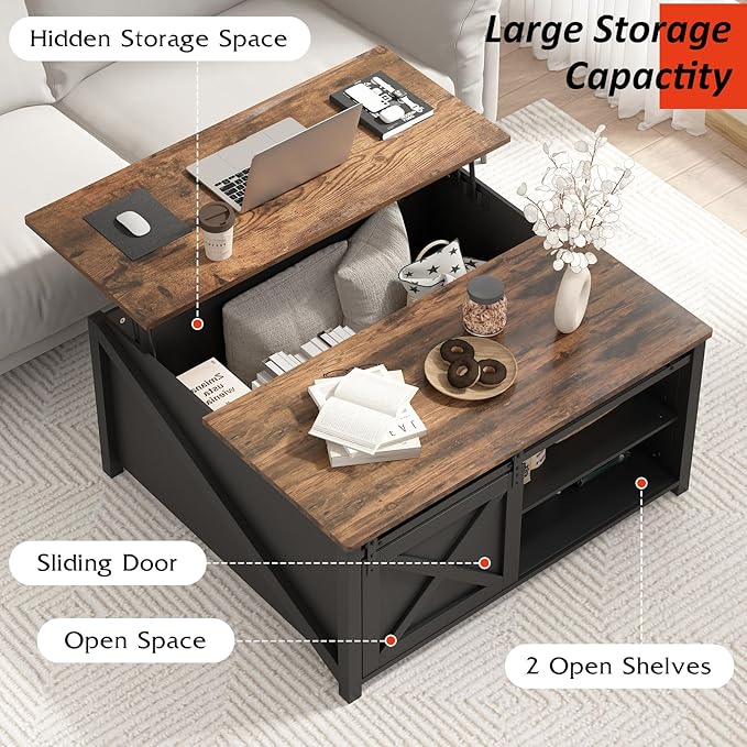 PUKAMI Lift Top Coffee Table with Storage, 31.5" Farmhouse Coffee Table for Living Room, Square Coffee Tables with Large Hidden Storage and Sliding Barn Doors, Black