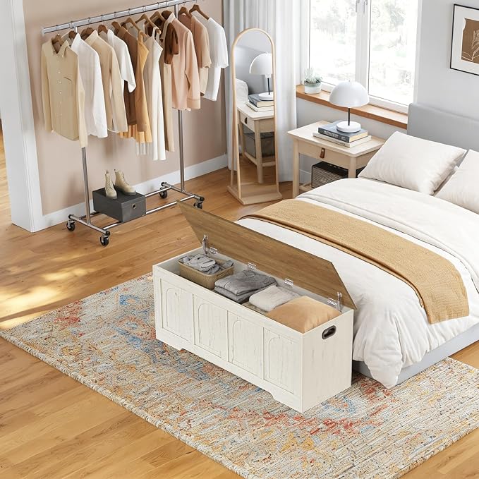 DINZI LVJ Storage Chest, 47.2”Wooden Storage Bench with 2 Safety Hinges, Farmhouse Toy Box with Flip-Top, Large Trunk for Living Room, Bedroom, Easy Assembly, Honey Brown and Rustic White - Image 8