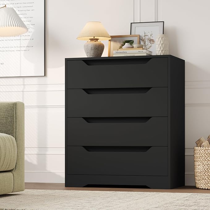 HOSTACK Black Dresser, 4 Drawers Dresser, Modern Chest of Drawers with Cut-Out Handles, Small Dressers with Drawer, Wood Makeup Chest Organizer for Living Room, Entryway, Home Office, Black - Image 4