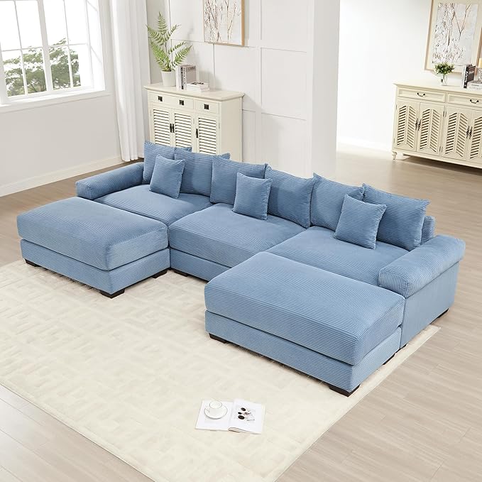 KEIKI 130" U-Shaped Oversized Corduroy Modular Cloud Sectional Sofa with 2 Ottoman, High-Density Foam Cushion, Extra-Thick Armrest, 3-Seater Fluffy Corner Couch with 9 Pillow, for Living Room, Blue