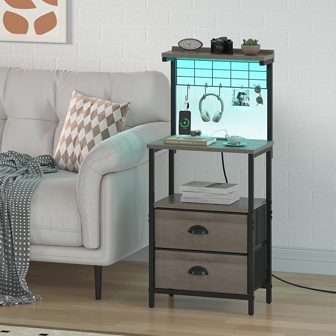 sthmec Tall Nightstands with Charging Station, LED Night Stand Bedsides with 2 Fabric Drawers,Hooks,USB Port and Open Storage Shelves,Tall End Table Bedside for Bedroom,Office, Grey - Image 2