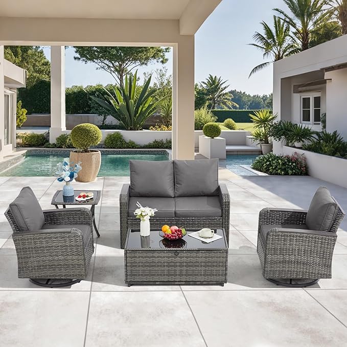 5 Pieces Outdoor Furniture Set with Swivel Chairs, Wicker Patio Furniture Sets for Porch Deck Bistro Lawn Garden Backyard Poolside-Grey