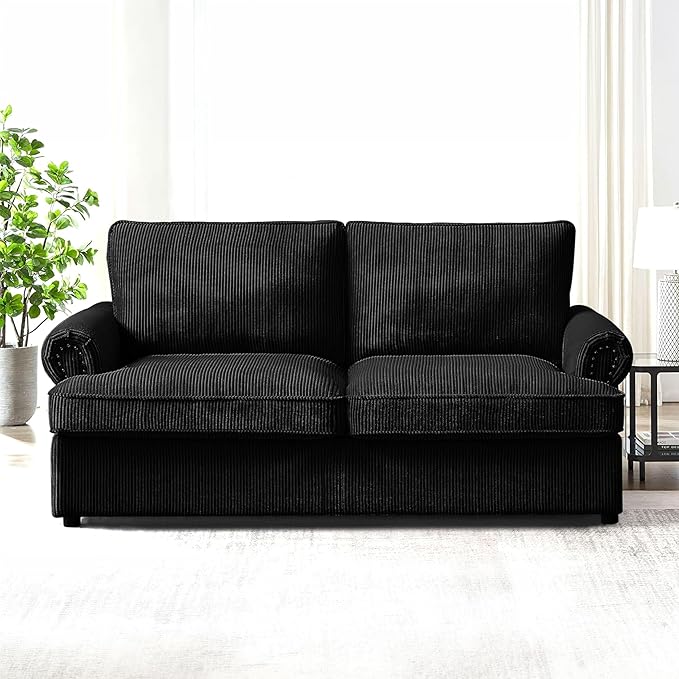 Reversible Sleeper Sofa Bed with Comfortable Memory Foam Mattress, Convertible Corduroy Full Size Pull Out Couch for Living Room, Space Saving Furniture, 76" Wide, Rounded Arms, Black