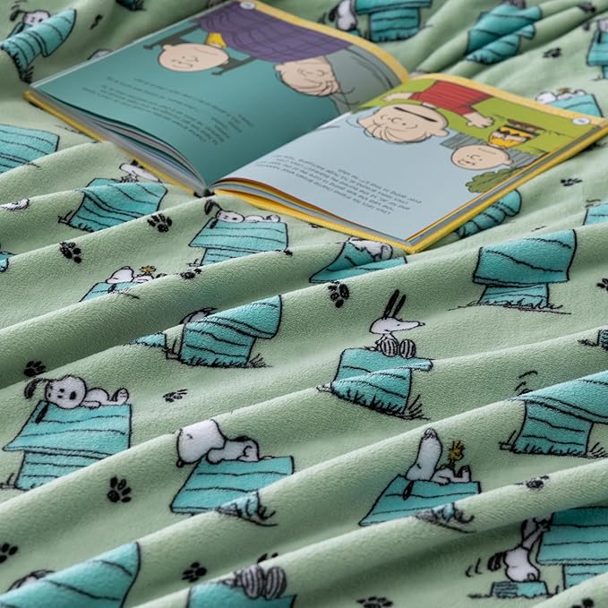Berkshire Peanuts® VelvetLoft® Cute Character Snoopy Plush Blanket,Regular Snoopy Dog House Poses & Paws Closed in Sage,Twin 60 in x 90 in (Official Peanuts® Product)