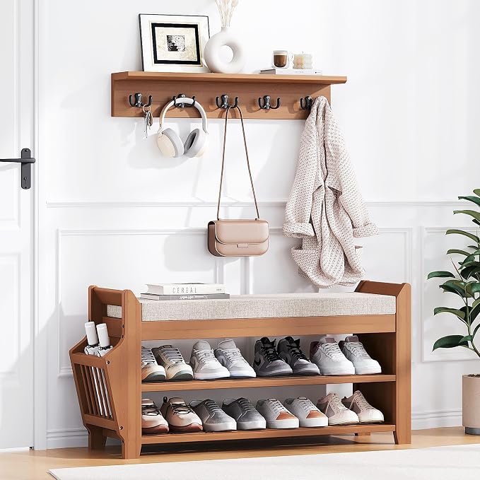 PETKABOO 31.5" Shoe Bench with Coat Rack Hidden Drawer and Side Holder, 2 Tier Entryway Bench with Storage 39.4 in, Bamboo Shoe Rack with Cushion for Entryway Hallway Living Room Bedroom by PETKABOO