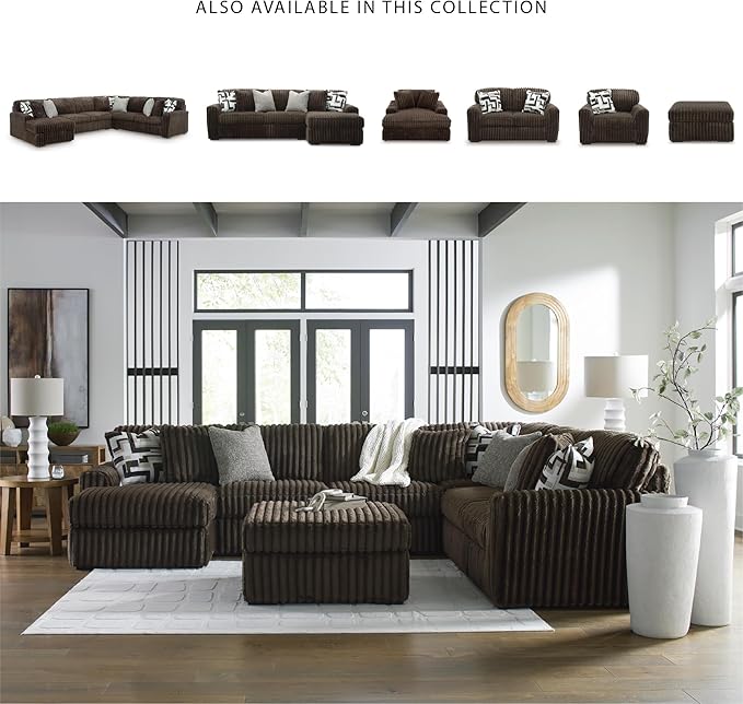 Signature Design by Ashley Midnight-Madness Casual U-Shaped Anti Sag 4-Piece Sectional with Chaise, Reversible Seat Cushions and 9 Accent Pillows, Dark Brown