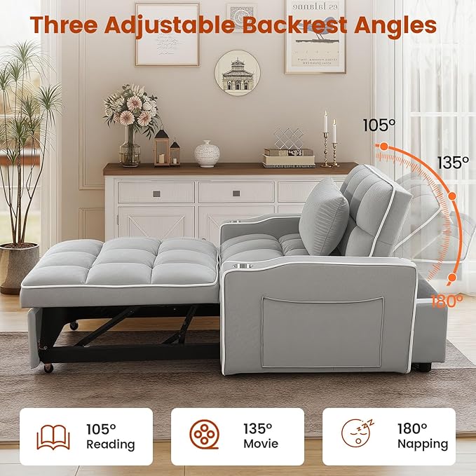 Convertible Sleeper Chair, Pull Out Chair Sleeper with Bracket and Cup Holder, Chairs Bed Sleepers for Adults, 3 in 1 Sofa Bed Chairs for Small Spaces, Living Room, Light Gray