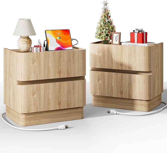 Night Stand Set 2, 23" Wide Nightstands Set of 2, Handleless 2 Drawer Nightstand with Charging Station, Large Wooden End Table, Modern Bedside Table for Bedroom, Rounded Corners,Natural Oak by FavourLife