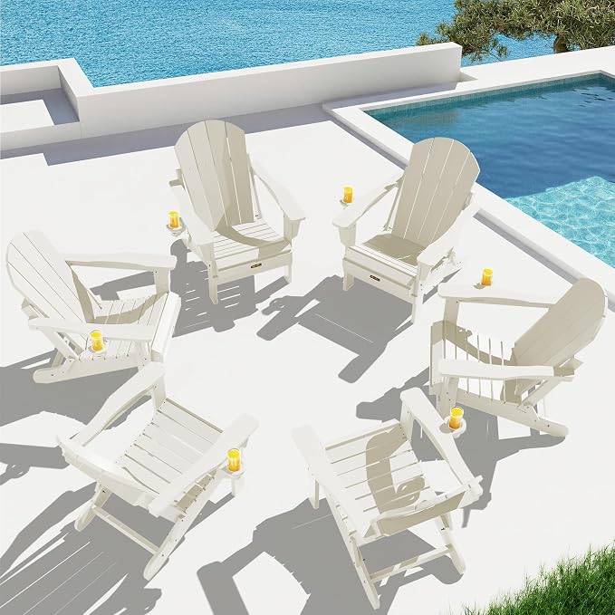 SERWALL Folding Adirondack Chair Set of 6 - Folding Adirondack Chairs with Cup Holder, HIPS Outdoor Chairs Weather Resistant Fire Pit Chairs- White by SERWALL