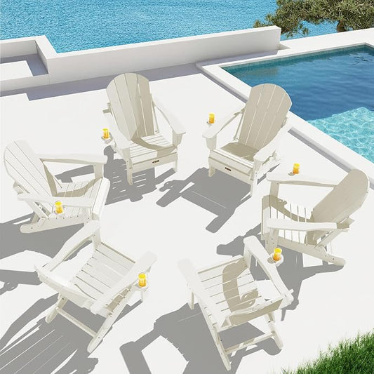 SERWALL Folding Adirondack Chair Set of 6 - Folding Adirondack Chairs with Cup Holder, HIPS Outdoor Chairs Weather Resistant Fire Pit Chairs- White by SERWALL