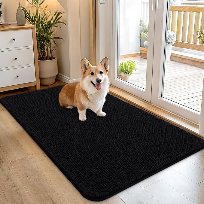 OLANLY Dog Door Mat for Muddy Paws 45x27, Absorbs Moisture and Dirt, Absorbent Non-Slip Washable Doormat, Quick Dry Chenille Mud Mat for Dogs, Entry Indoor Entryway Carpet for Inside Floor, Black by OLANLY