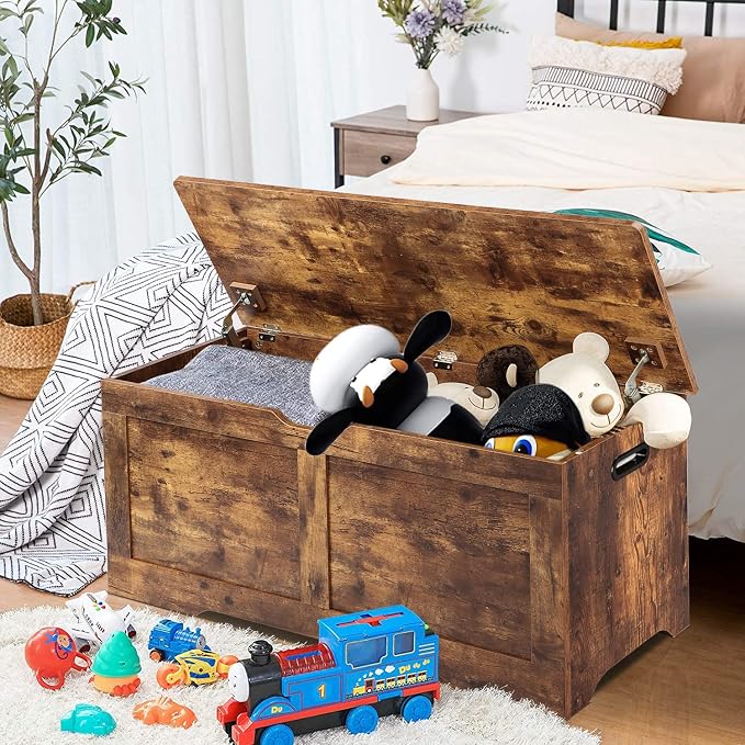 Timberer 39.4" Storage Chest, Wooden Storage Bench, Lift Top Toy Chest with 2 Safety Hinges, Large Toy Box, Entryway Bench for Living Room, Bedroom, Rustic Brown - Image 2