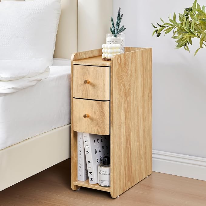 Narrow End Table Bedroom, Wooden Small 2 Drawer Nightstand, Thin Couch Side End Table, Skinny Bedside Table Small Spaces, Mid Century Modern Night Stand with Drawers (Natural-1 pc) - Image 7