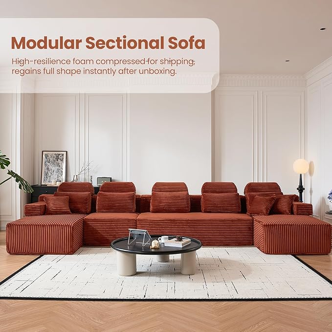 171" U-Shaped Cloud Modular Sectional Sofa with Chaise & Headrest, Boneless Deep Seat Plush Corduroy Couches for Large Living Room, No Assembly Required (Orange, 171" U-shapred Chaise)
