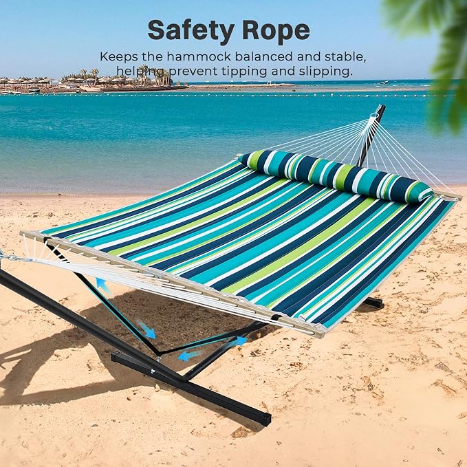 SUPERJARE Hammock with Stand, 2 Person Quilted Outdoor Hammock, Detachable Pillow & Bamboo Spreaders, Portable Hammock with Carrying Bag, Heavy Duty Stand, Perfect for Outside, Patio, Dark Cyan - Image 5