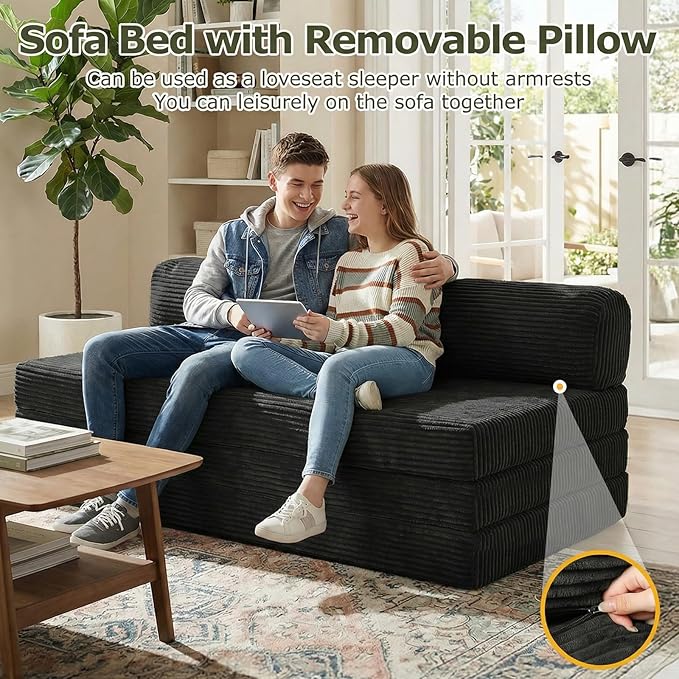5-in-1 Convertible Sofa Bed, Boneless Loveseat Sleeper with Removable Cushions & Washable Cover, Futon Sofa Bed with Handle, Pull Out Couch for Small Spaces, Queen Size, Black