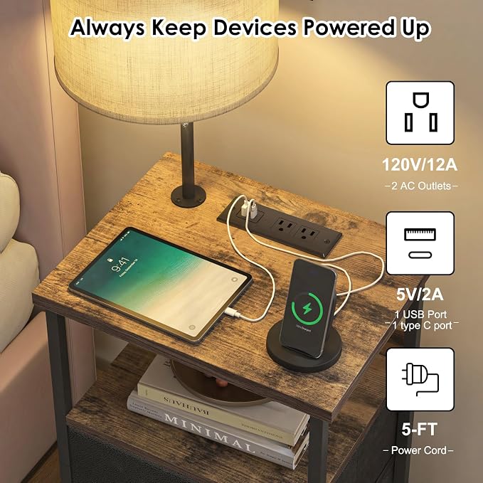 Fixwal Bedside Table with 3 Color Temperature Reading Light, Nightstand with LED Light & Charging Station End Table with Adjustable Fabric Drawer for Bedroom, Dorm, Rustic Brown - Image 4