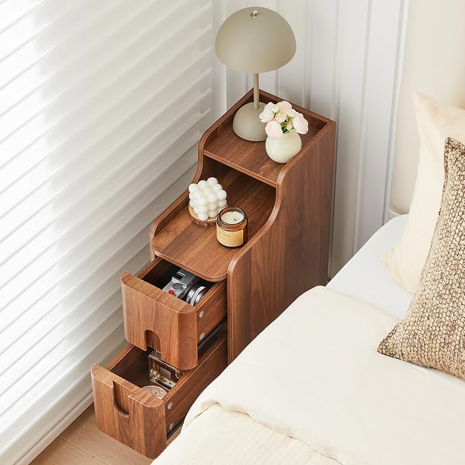 Narrow End Table Living Room, Wooden Small 2 Drawer Nightstand Bedroom, Thin Couch Side End Table, Vintage Skinny Bedside Table Small Spaces, Mid Century Modern Night Stand with Drawers (Walnut-1 pc) - Image 3