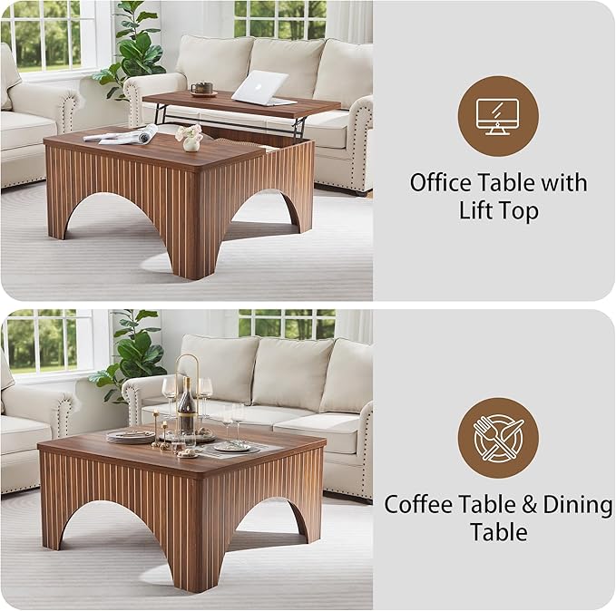 Square Coffee Table, 39'' Large Lift Top Coffee Table with Flip-Top Hidden Compartment Farmhouse Fluted Center Table Wooden Tea Table for Living Room, Apartment, Office (Walnut)