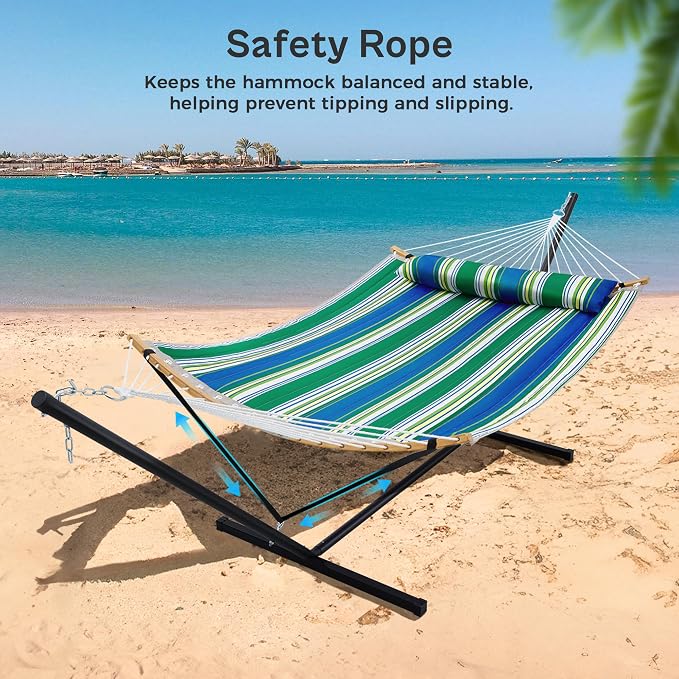 SUPERJARE Curved-Bar Hammock with Stand, 2 Person Heavy Duty Hammock Frame, Detachable Pillow & Portable Carrying Bag, Perfect for Outdoor & Indoor, Green Bold Stripe - Image 4