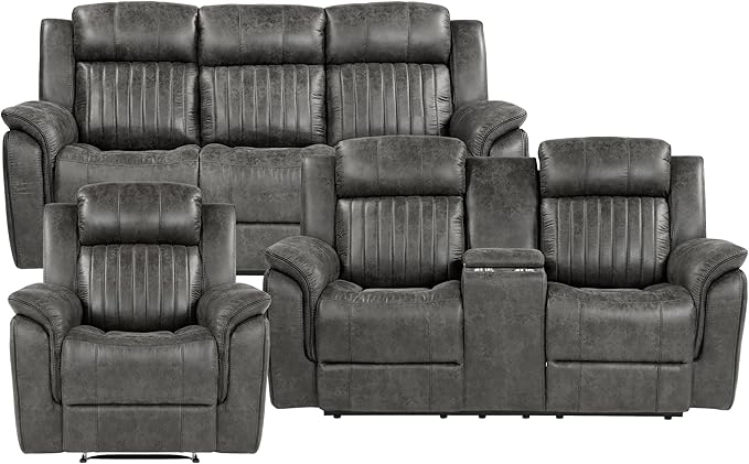 Lexicon Recliner Living Room Set, Home Theater Seating, Manual Polished Microfiber Upholstery Sofas, RV Couch Including Double Recliner Sofa, Loveseat and Chair, 3-Piece Set, Brownish Gray