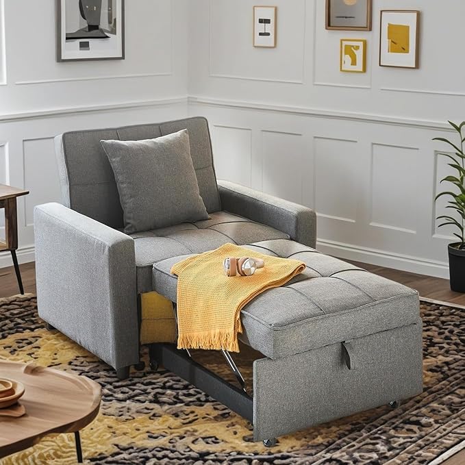 3-in-1 Convertible Sleeper Chair, Pullout Chair with Extra Pillow, Recliner Sofa Bed with 4 Adjustable Angles, Convertible Lazy Sofa Bed for Small Spaces Home Office, Light Gray