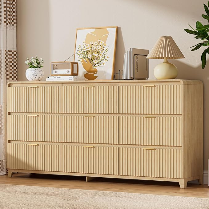 3 Piece Bedroom Furniture Set 9 Drawer Fluted Dresser & 2 Nightstand Sets with Metal Handle, Charging Station & Storage Cabinet, Modern Design for Bedroom/Living Room, Natural