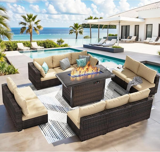 Patio Furniture Set 11 Pieces with 44" Fire Pit Table, Rattan Outdoor Sectional Conversation Sets, All Weather Outdoor Furniture Set with Cushions for Garden Lawn Balcony Porch Deck Beige