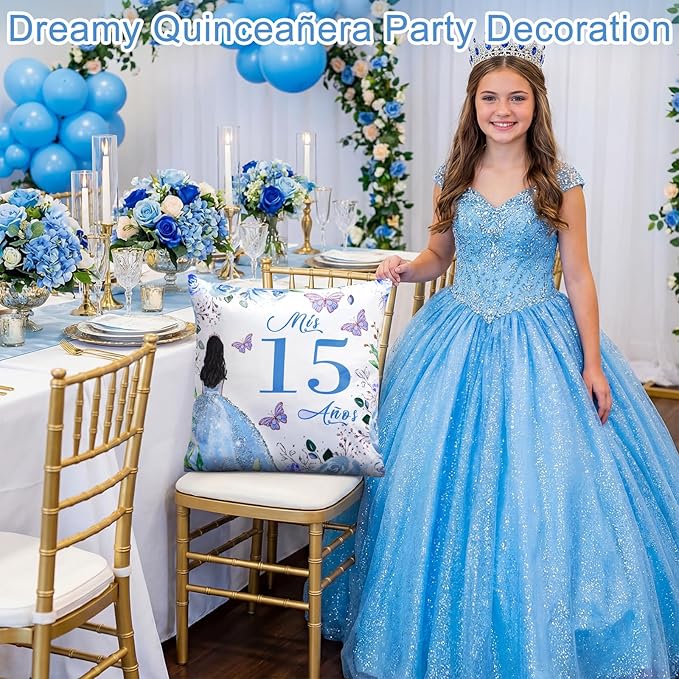 Kathfly Cojines para 15 Años De Quinceañera Decoration 16 x 16 Inche Blue Quinceañera Pillow Gifts Mis Xv Años Throw Pillow Sweet for Daughter Sister Friend 15th Birthday Gifts