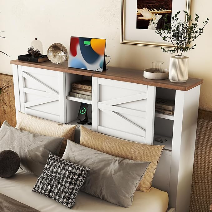 3-Pieces Bedroom Sets, Full Size Farmhouse Platform Bed with Cabinet and Nightstand, Wood Bedroom Furniture Set with Storage Headboard, No Box Spring Needed (White+Brown/77)