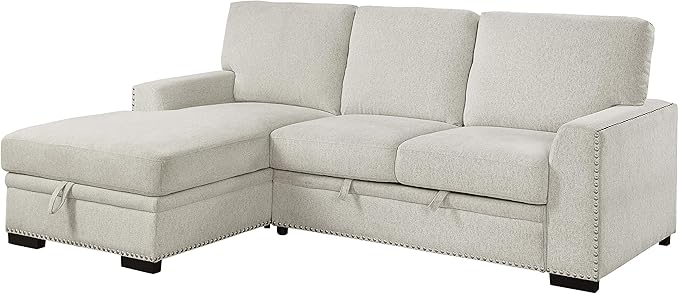 Lexicon Mid Century Modern Sectional Sleeper Sofa Bed Couch with Storage Chaise, Sectional Sofa Pull Out Couch Bed, Sectional Couch Lounge Sofa for Living Room Apartment, Left Side Chaise, Beige