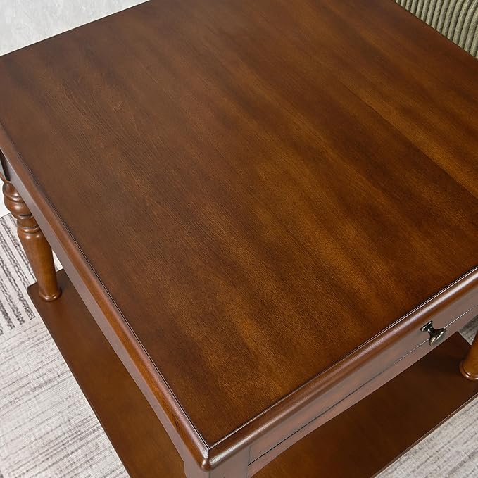 Large End Table with Drawer and Storage Shelf, Solid Wood Sofa Side Table, Slim Beside Table,Telephone for Small Spaces, Living Room, 22.8"L x 22.8"W x 24"H ,No-Tools Assembly,Caramel Brown CJZC008DR