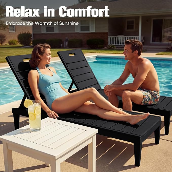 Devoko Outdoor Chaise Lounge Chair Set of 2 with 5-Position Adjustable Back, Waterproof & Lightweight PP Lounge Chairs for Outside Pool Patio (Black) - Image 7