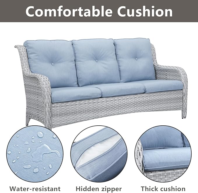 Patio Furniture Swivel Chairs Set - 7 PC Wicker Rattan Outdoor Sectional Conversation Sets with 2 Rocking Chair,2 Ottoman,1 Sofa,1 Loveseat and 1 Coffee Table for Porch Deck(Light Grey/Sky Blue)