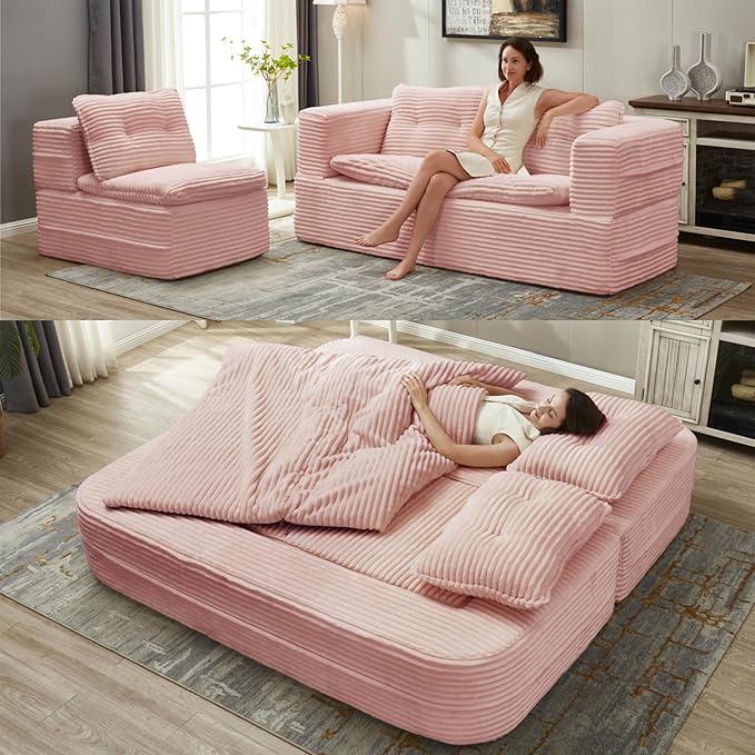 80" Convertible Sectional Sofa Bed, 3-in-1 Folding Floor Couch with Convertible Chaise Lounge, Plush Corduroy Sleeper Sofa for Living Room and Bedroom, No Assembly Required (Pink)